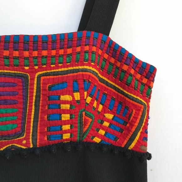 Vtg 70s Colorful Mola Tribal Pom Pom Dress - Picture 4 of 8